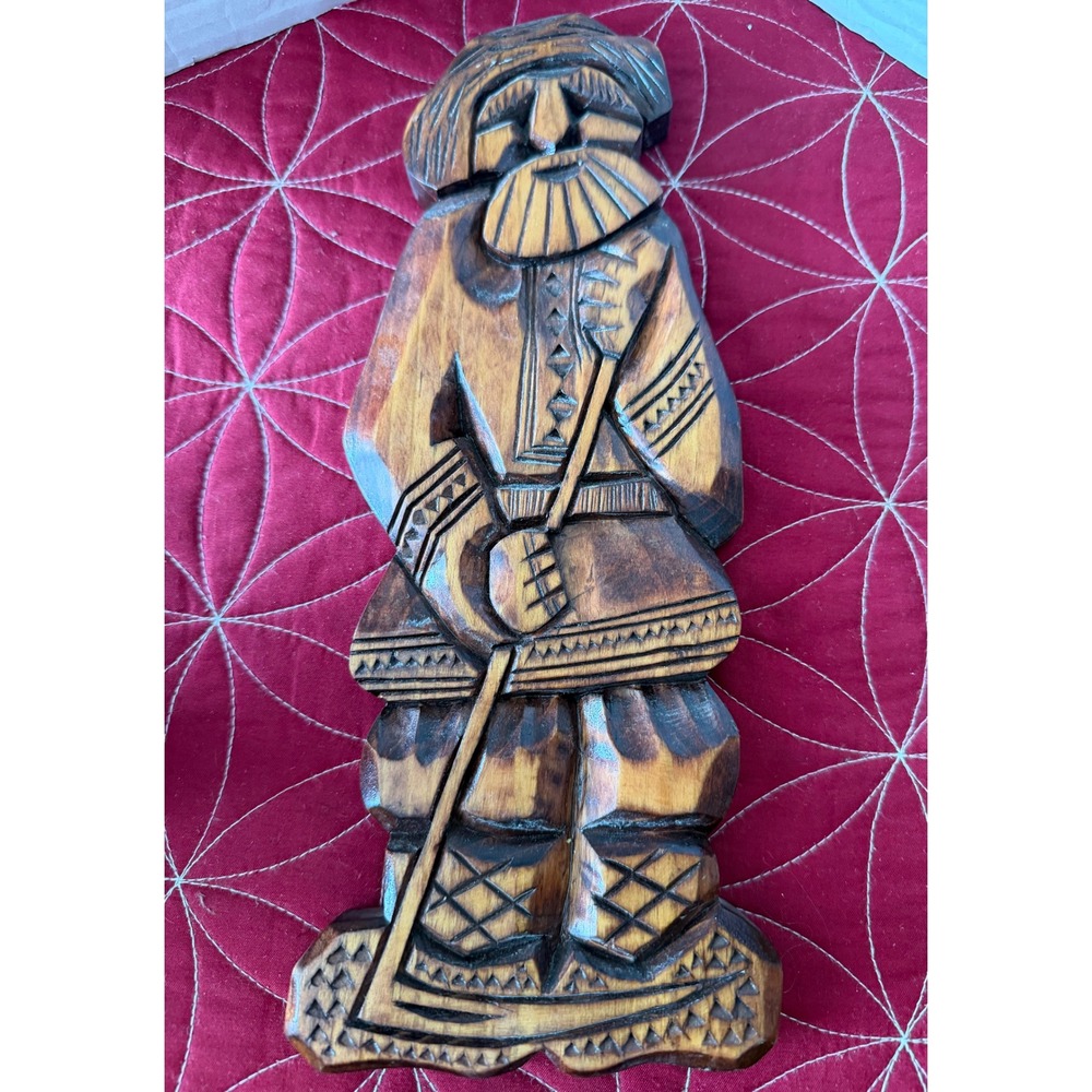 Vintage Hand Carved Wood Wall Plaque Folk Art Bearded Man with Scythe 11.5 inch